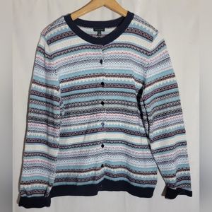 Talbots Fairisle Wool Blend Cardigan Sweater Womens Blue Red Button Up Large